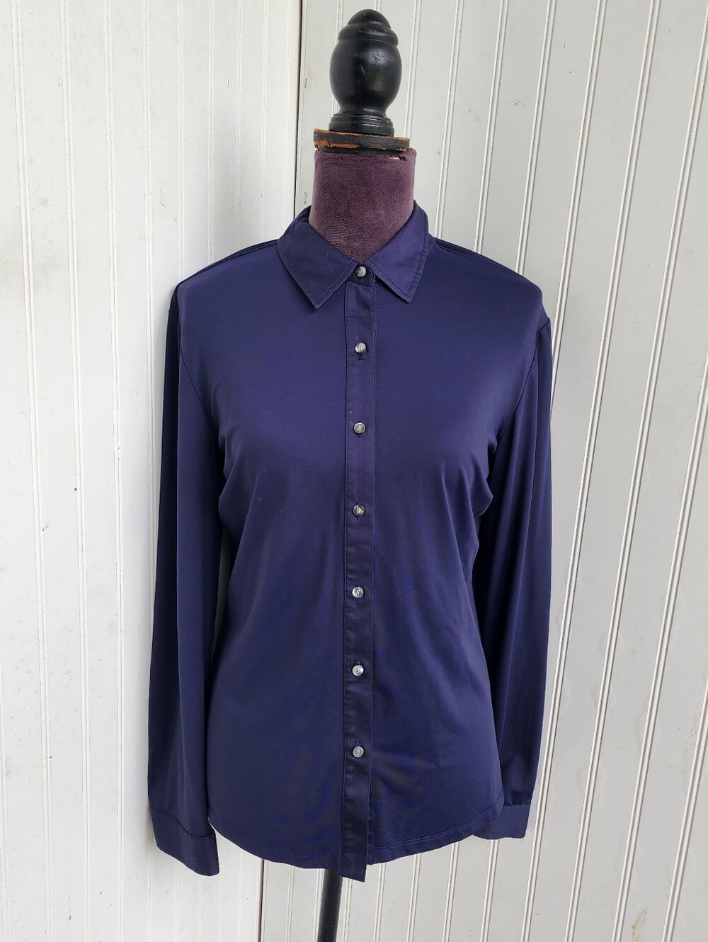 J.McLaughlin Long Sleeve Button Down Shirt Navy Blue Stretch Nylon Spandex Sz L